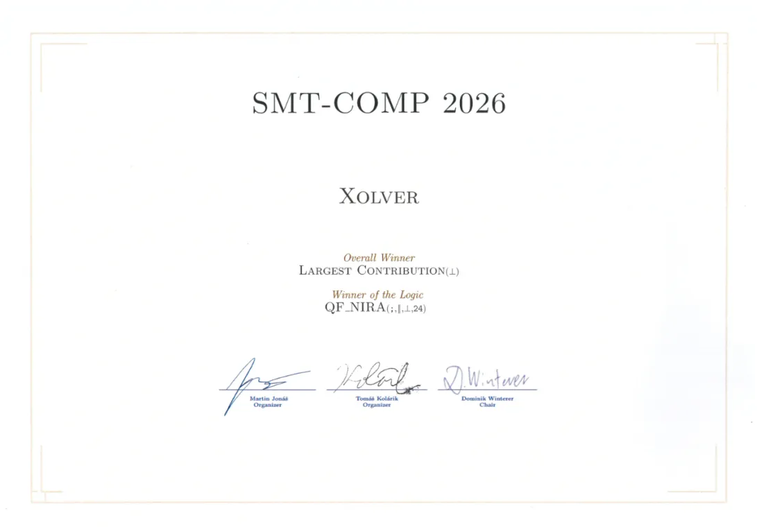 Xolver 在 SMT-COMP 2026 的获奖证书